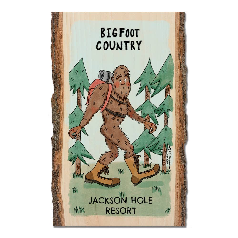 PNW Bigfoot Hiker - Wood Postcard & Magnet - Custom Namedrop: Magnet - Pac Nor Westy -