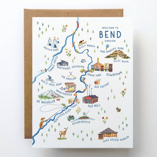 PNW Bend Oregon Illustrated Map Greeting Card - Pac Nor Westy - 