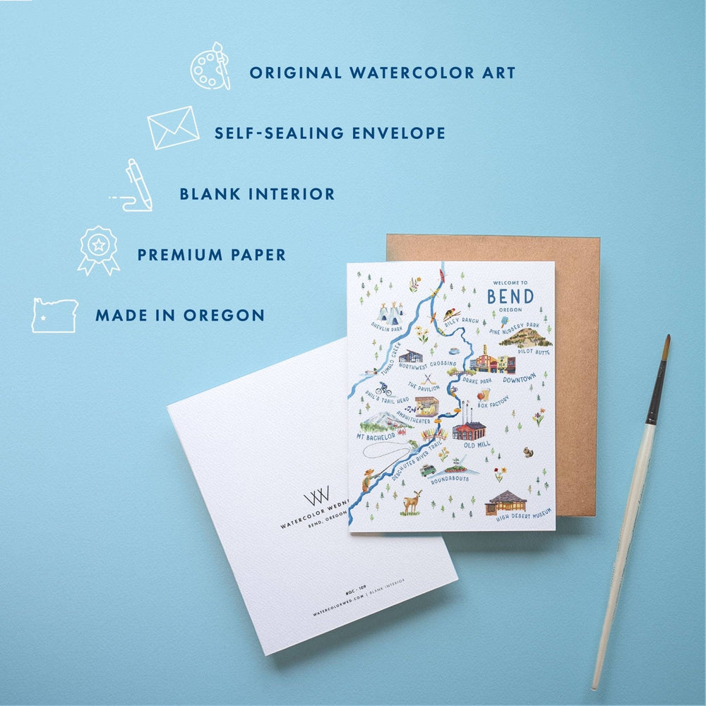 PNW Bend Oregon Illustrated Map Greeting Card - Pac Nor Westy - 