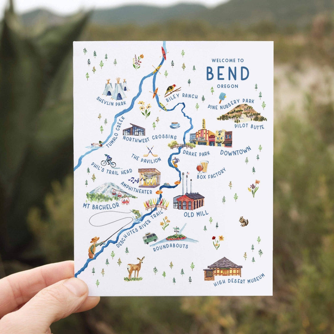 PNW Bend Oregon Illustrated Map Greeting Card - Pac Nor Westy - 