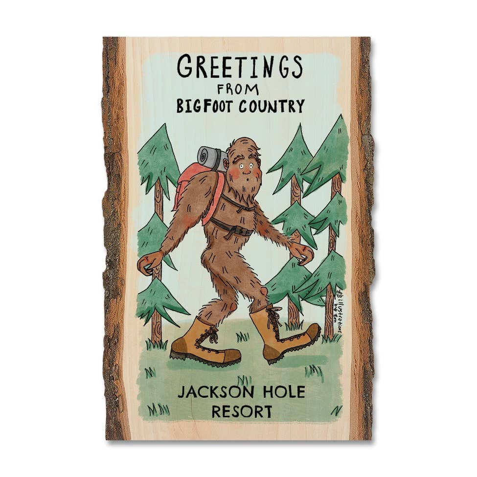 PNW Bigfoot Hiker - Wood Postcard & Magnet - Custom Namedrop: Postcard - Pac Nor Westy - 