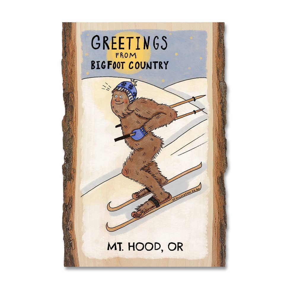 PNW Bigfoot Skier - Wood Postcard & Magnets - Custom Namedrop: Magnet - Pac Nor Westy - 