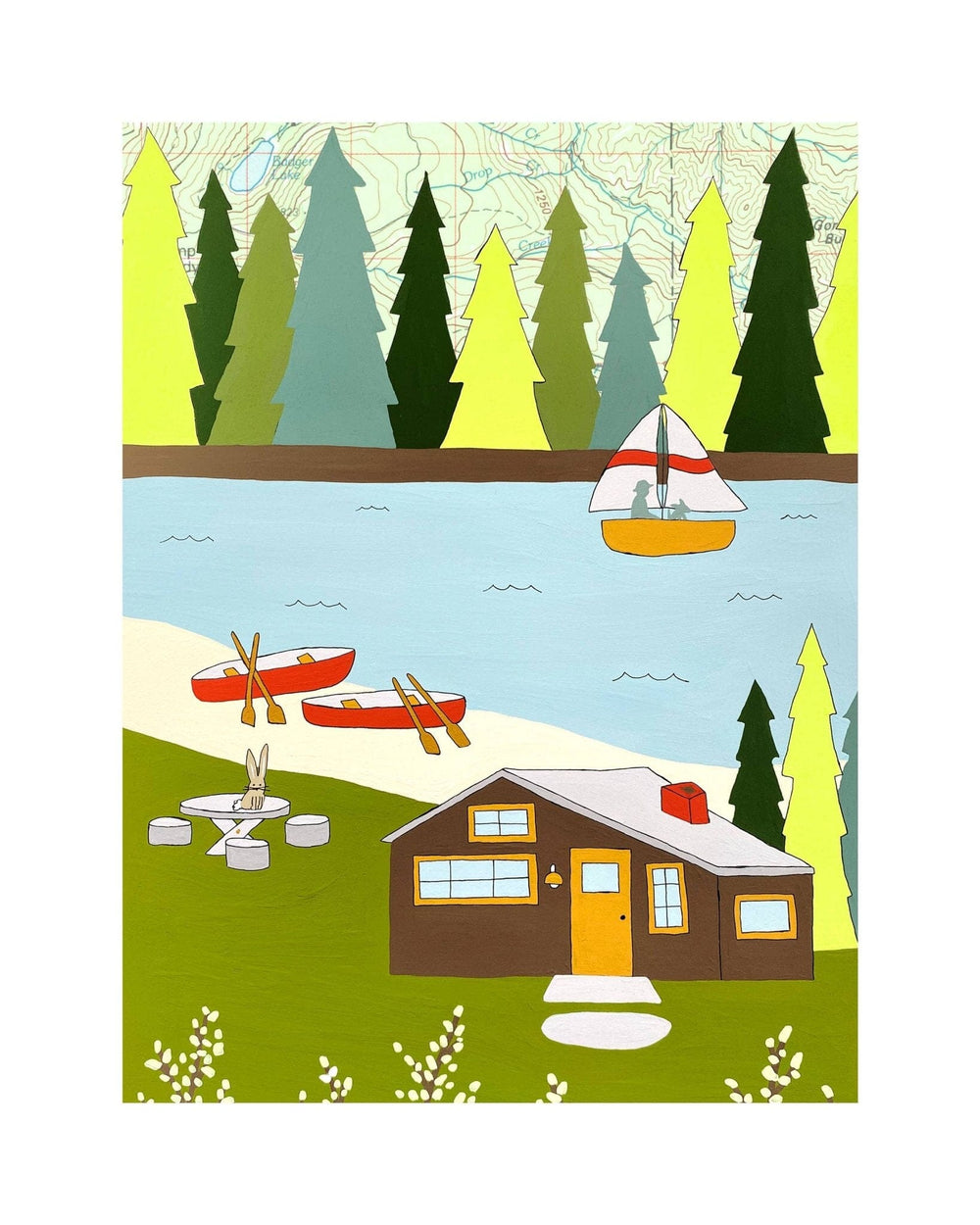 PNW Lake Cabin and Canoes Map Art Print: 11"x14" Print - Pac Nor Westy - 