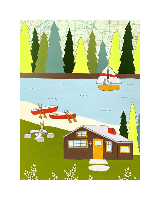 PNW Lake Cabin and Canoes Map Art Print: 11"x14" Print - Pac Nor Westy - 