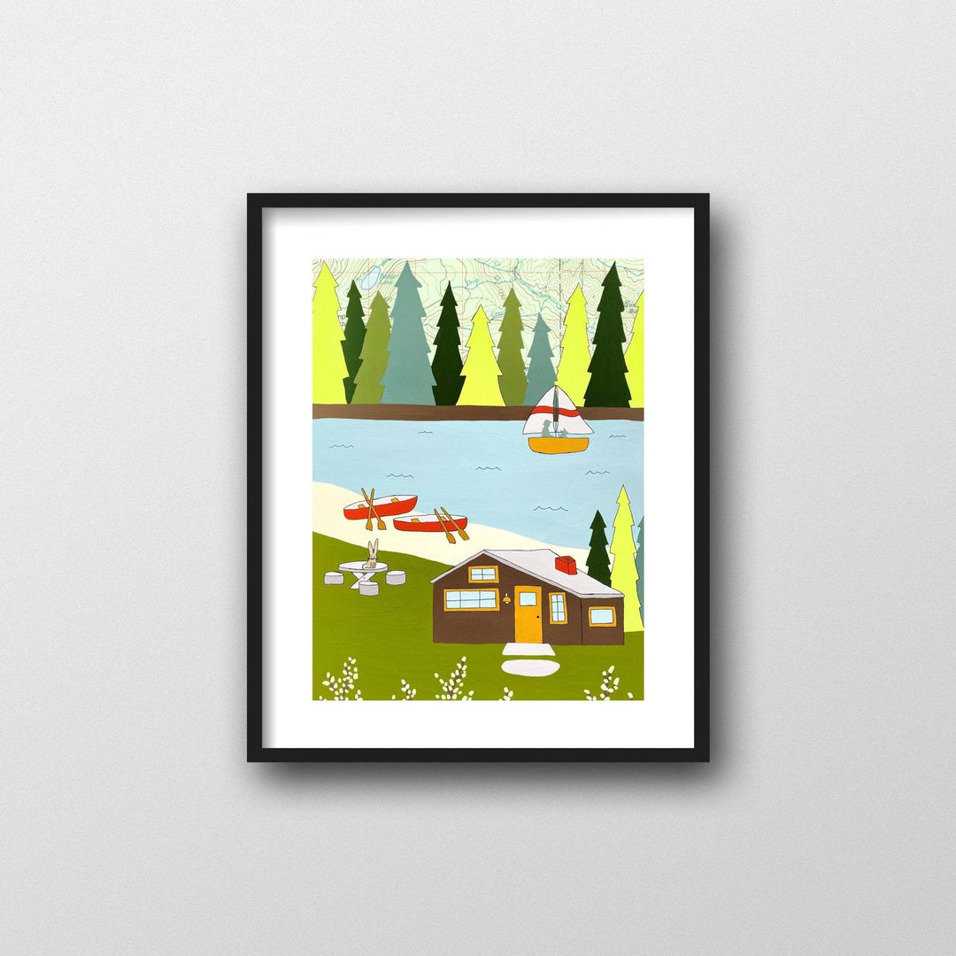PNW Lake Cabin and Canoes Map Art Print: 11"x14" Print - Pac Nor Westy - 