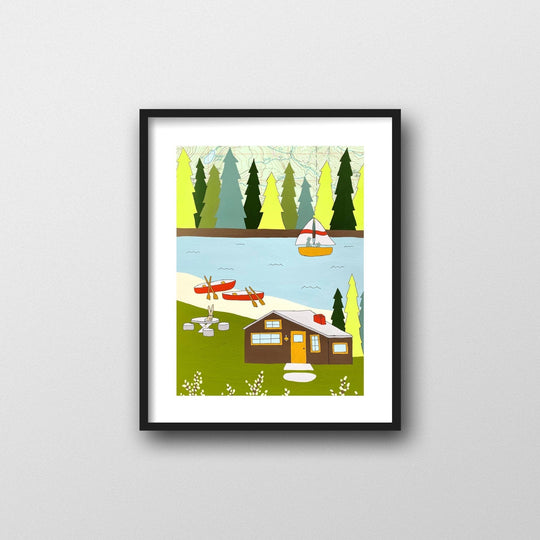 PNW Lake Cabin and Canoes Map Art Print: 11"x14" Print - Pac Nor Westy - 