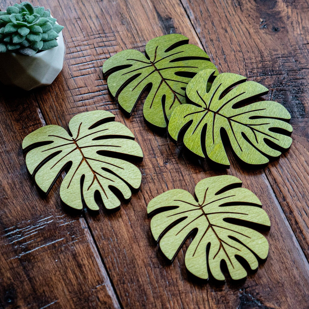 PNW Monstera Leaf Wood Coasters: Dark - Pac Nor Westy - 