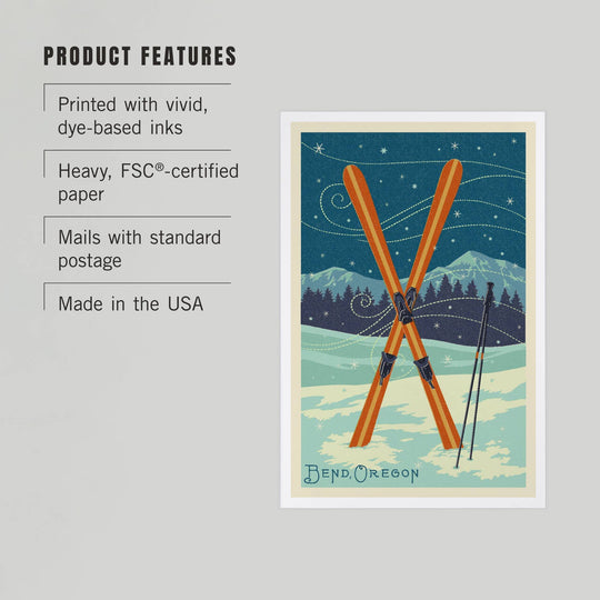 PNW PREMIUM POSTCARDS Bend, Oregon, Crossed Skis, Letterpress - Pac Nor Westy - 